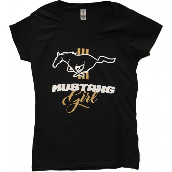 T-Shirt Femme Noir Mustang Girl V-Neck 